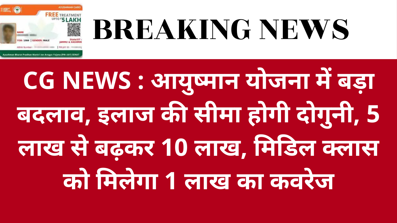 CG NEWS : आयुष्मान योजना में बड़ा बदलाव, इलाज की सीमा होगी दोगुनी, 5 लाख से बढ़कर 10 लाख, मिडिल क्लास को मिलेगा 1 लाख का कवरेज